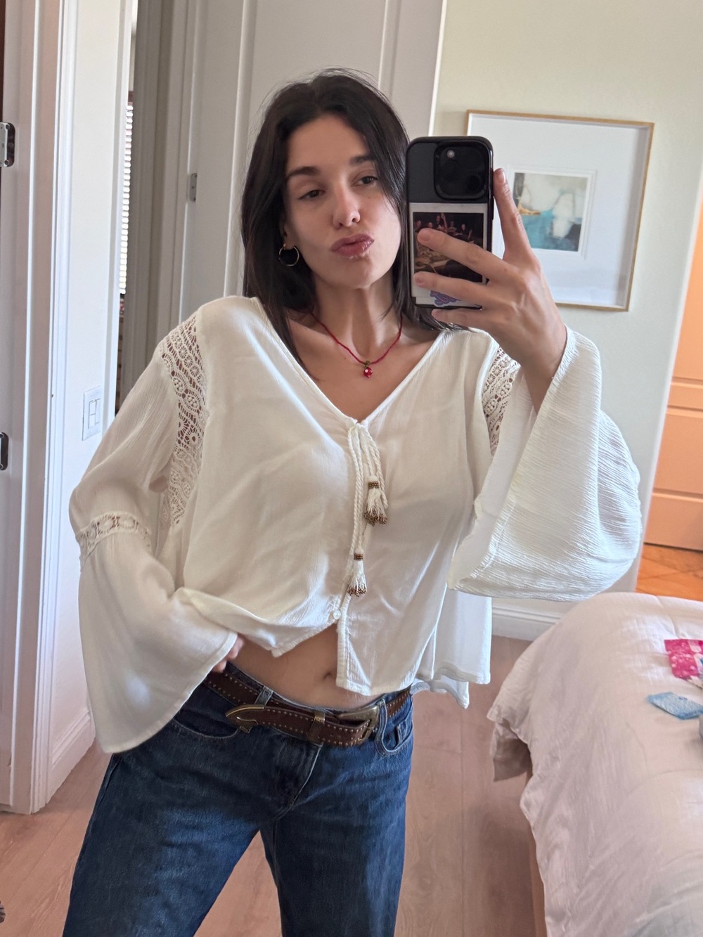 Band of Gypsies White Lace-Trim Peasant Top